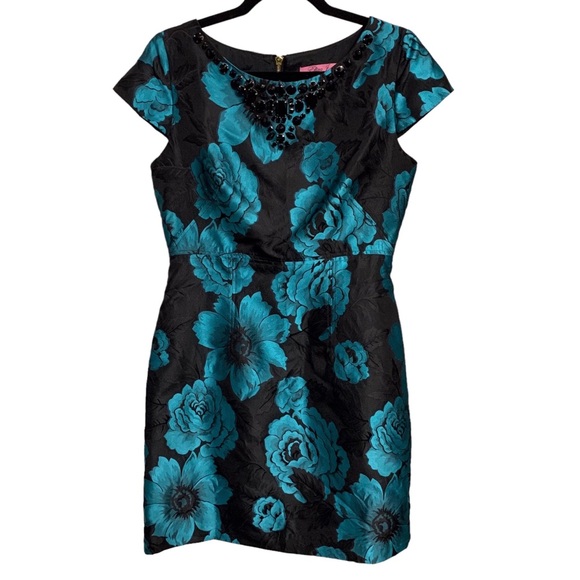 VINTAGE ELIZA J. BLACK & TEAL-BLUE BOAT NECK EMBELLISHED JACQUARD  RHINESTONE - Picture 7 of 16